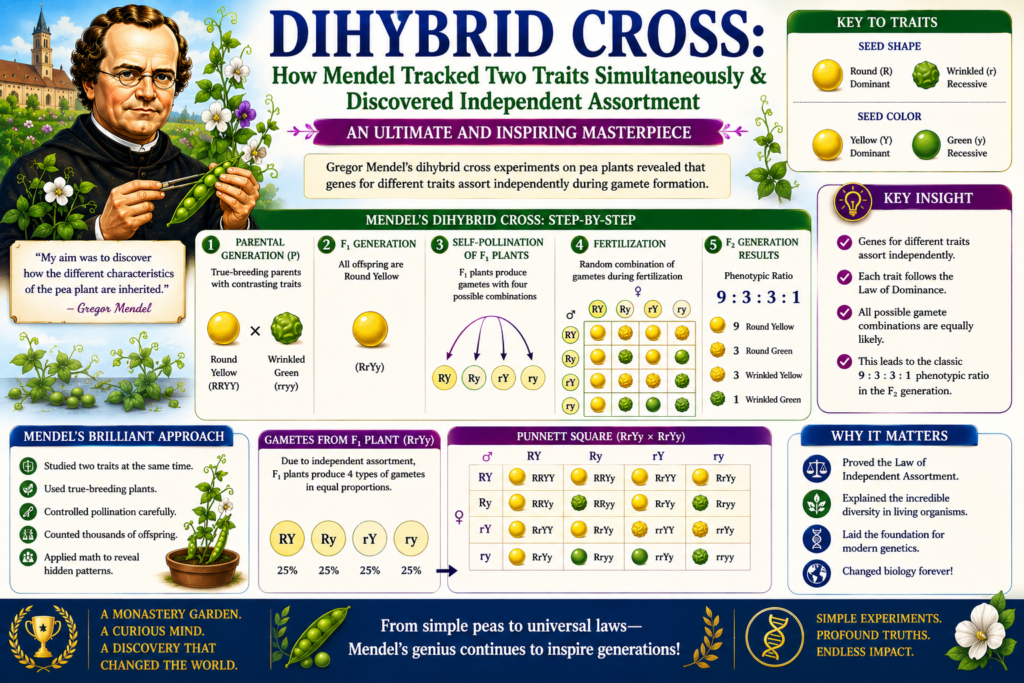 Dihybrid Cross: How Mendel Tracked Two Traits Simultaneously & Discovered Independent Assortment: An Ultimate and Inspiring Masterpiece Dihybrid cross illustration showing Gregor Mendel’s pea plant experiment tracking two traits simultaneously, demonstrating the law of independent assortment through Punnett squares, genetic ratios, and inheritance patterns in offspring.