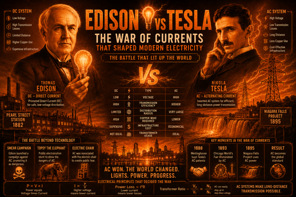 Edison vs Tesla: The War of Currents That Shaped Modern Electricity Edison vs Tesla infographic in vibrant orange tones comparing AC and DC electricity systems, featuring Thomas Edison and Nikola Tesla, the War of Currents, power transmission networks, Niagara Falls project, and the evolution of modern electrical infrastructure.
