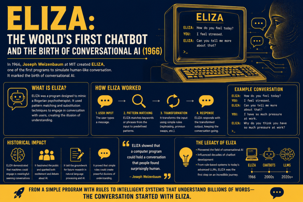 eliza chatbot history infographic showcasing the story of ELIZA, the world's first chatbot created in 1966, featuring a vintage computer terminal, early conversational AI concepts, pattern-matching technology, chatbot evolution timeline, and the foundations of modern artificial intelligence on a retro-inspired blue and gold technology background.