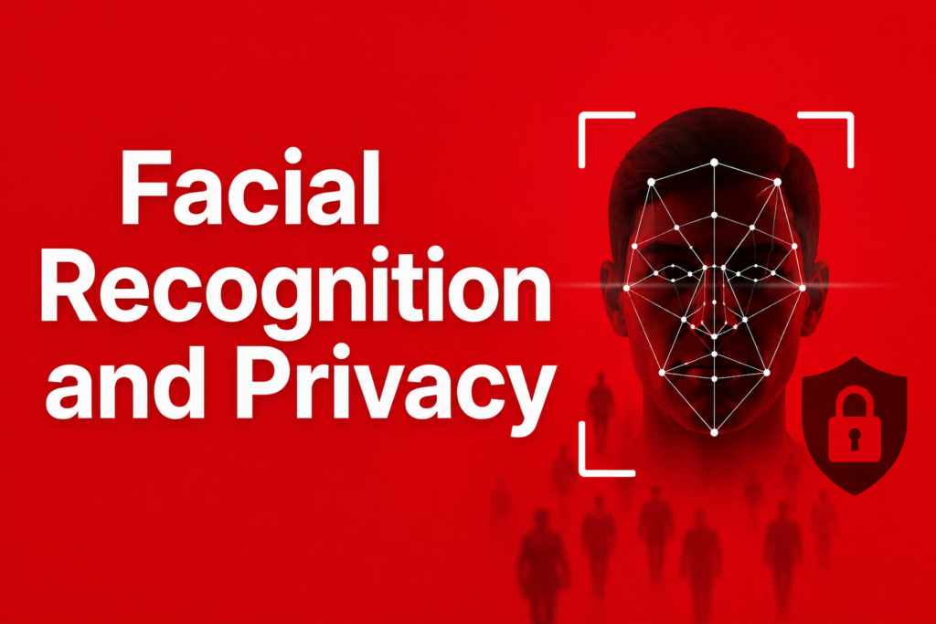 Facial recognition and privacy illustration showing AI powered facial scanning, biometric face mapping, digital surveillance, and data protection concepts on a bold red technology background.