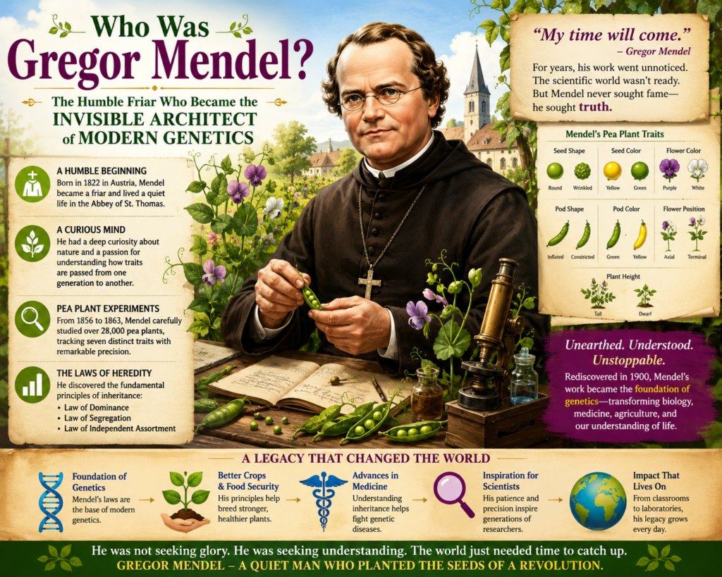 Who Was Gregor Mendel? The Humble Friar Who Became the Invisible Architect of Modern Genetics: A Triumphant and Revolutionary Legacy Father of Modern Genetics Gregor Mendel conducting pea plant experiments in a colorful garden, symbolizing the groundbreaking discoveries that laid the foundation of modern genetics.