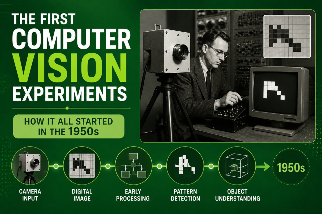 First computer vision experiments infographic on a green background showing early machine vision research in the 1950s, featuring a vintage camera system, early computers, pixel-based image recognition, pattern detection, and the foundational technologies that helped machines begin to interpret visual information.