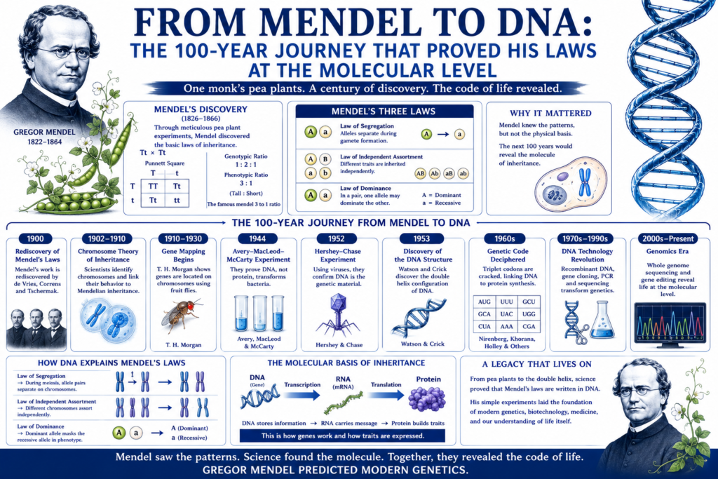 From Mendel to DNA: The 100-Year Journey That Proved His Laws at the Molecular Level Amazing Breakthrough Timeline illustration showing the journey from mendel to dna, featuring Gregor Mendel, pea plant experiments, chromosomes, DNA structure, Watson and Crick, and key discoveries that proved Mendel's inheritance laws at the molecular level.
