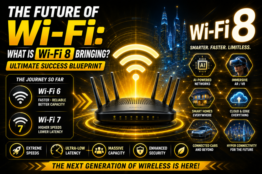 future of wi-fi explained infographic featuring a futuristic Wi-Fi 8 router, next-generation wireless signals, AI-powered networks, smart homes, connected vehicles, cloud computing, AR/VR technology, and advanced digital connectivity on a vibrant futuristic technology background, illustrating the future of wi-fi explained and the evolution of wireless communication.