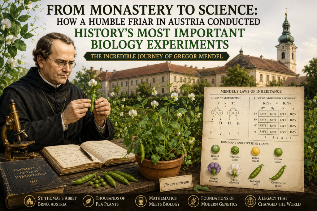 Gregor Mendel conducting pea plant experiments in a monastery garden, illustrating the story of gregor mendel monastery research that led to the discovery of inheritance laws and the foundations of modern genetics.
