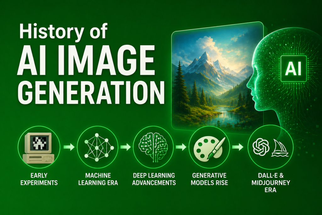History of ai image generation illustration showing the evolution of AI generated art from early computer experiments to modern generative models, featuring neural networks, digital artwork, and creative AI technology on a green background.