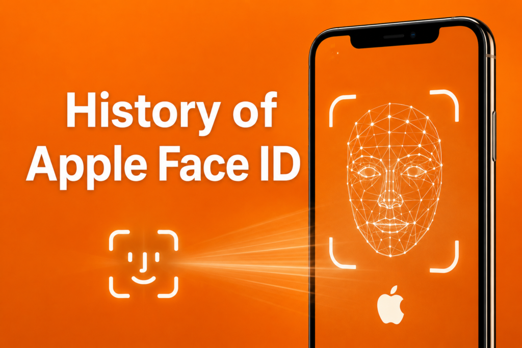 History of apple face id illustration showing the evolution of Apple's Face ID technology with a smartphone displaying facial recognition scanning, biometric face mapping, and a modern orange technology background.