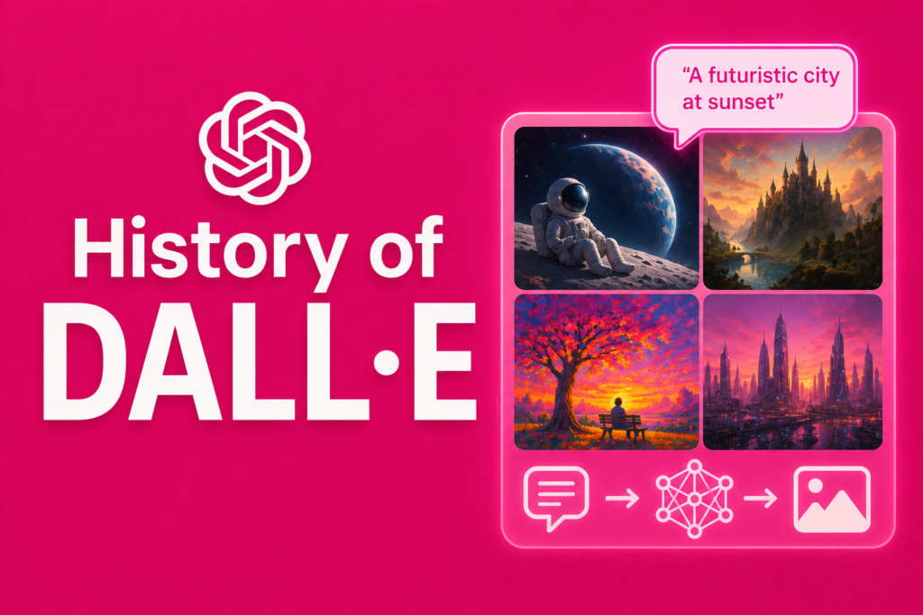History of dall·e illustration showing the evolution of OpenAI's DALL·E text to image generation technology, featuring AI generated artwork, creative prompts, neural networks, and a vibrant pink technology background.
