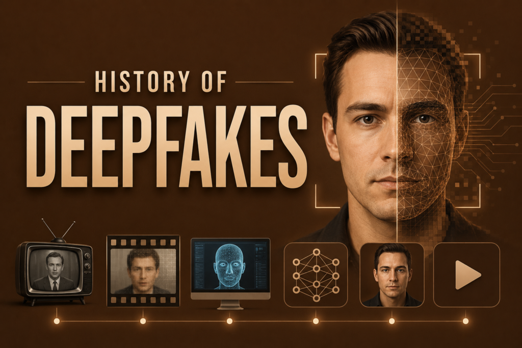History of deepfakes illustration showing the evolution of AI generated fake videos and synthetic faces, featuring facial mapping, neural networks, digital media manipulation, and a modern brown technology background.