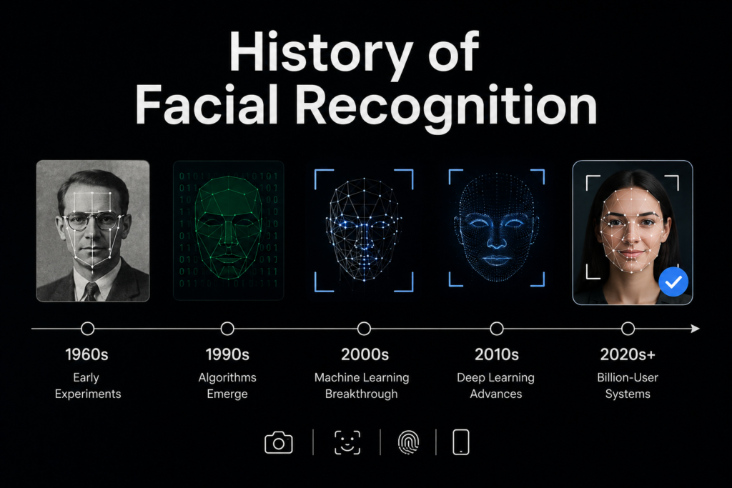 History of facial recognition infographic showing the evolution of facial recognition technology from 1960s experiments to modern AI powered billion user systems, featuring face scanning, biometric mapping, and deep learning on a black background.