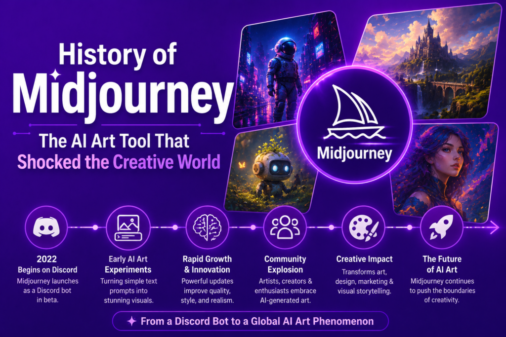 History of midjourney illustration showing the evolution of the Midjourney AI art platform, featuring AI generated digital artwork, creative text to image generation, futuristic design elements, and a vibrant purple technology background.