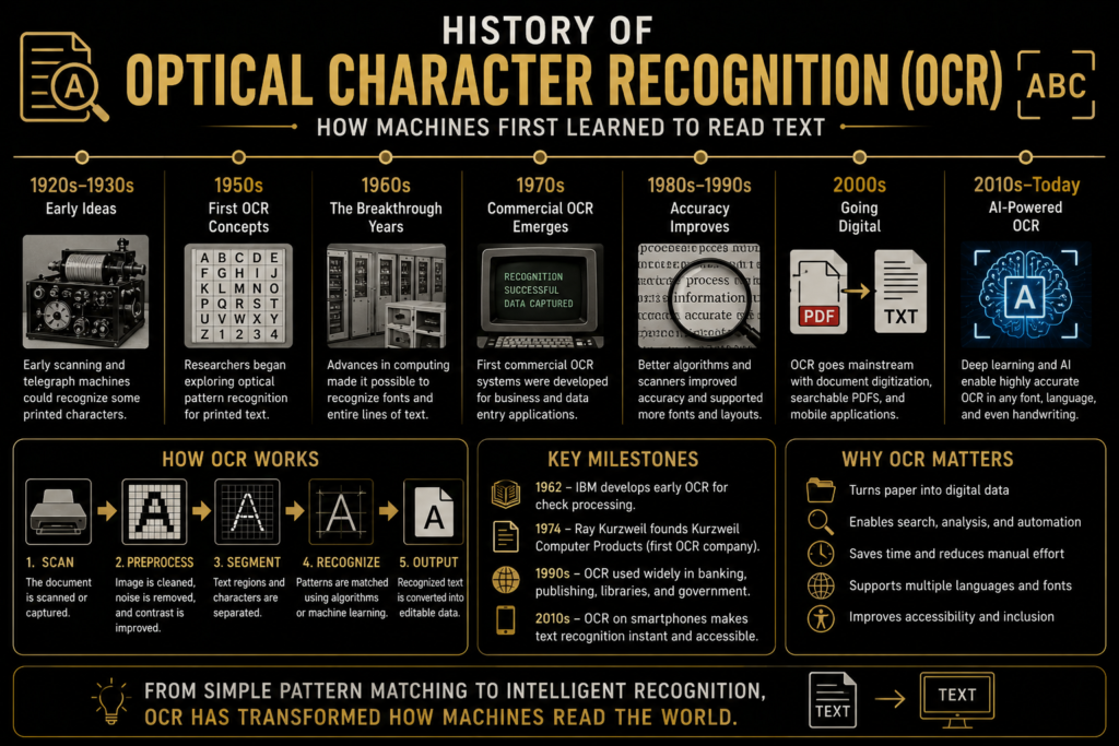 History of Optical Character Recognition infographic on a black background illustrating the evolution of OCR technology, from early text-reading machines and document scanners to modern AI-powered text recognition systems, featuring printed characters, digitized documents, machine learning, handwriting recognition, and automated text extraction.
