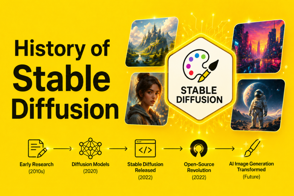 History of stable diffusion illustration showing the evolution of Stable Diffusion as an open source AI image generation model, featuring digital artwork, neural networks, creative AI tools, and a vibrant yellow technology background.
