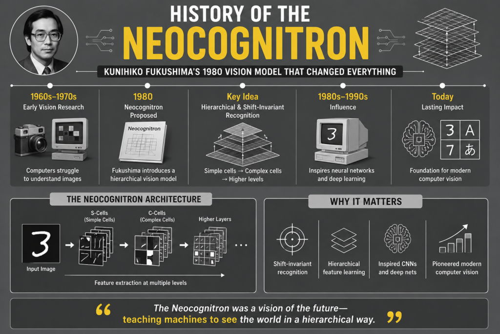 History of the Neocognitron infographic on a gray background showcasing Kunihiko Fukushima’s pioneering 1980 vision model, featuring layered neural network architecture, pattern recognition, feature extraction, handwritten digit recognition, and the foundations of modern convolutional neural networks (CNNs) and computer vision systems.