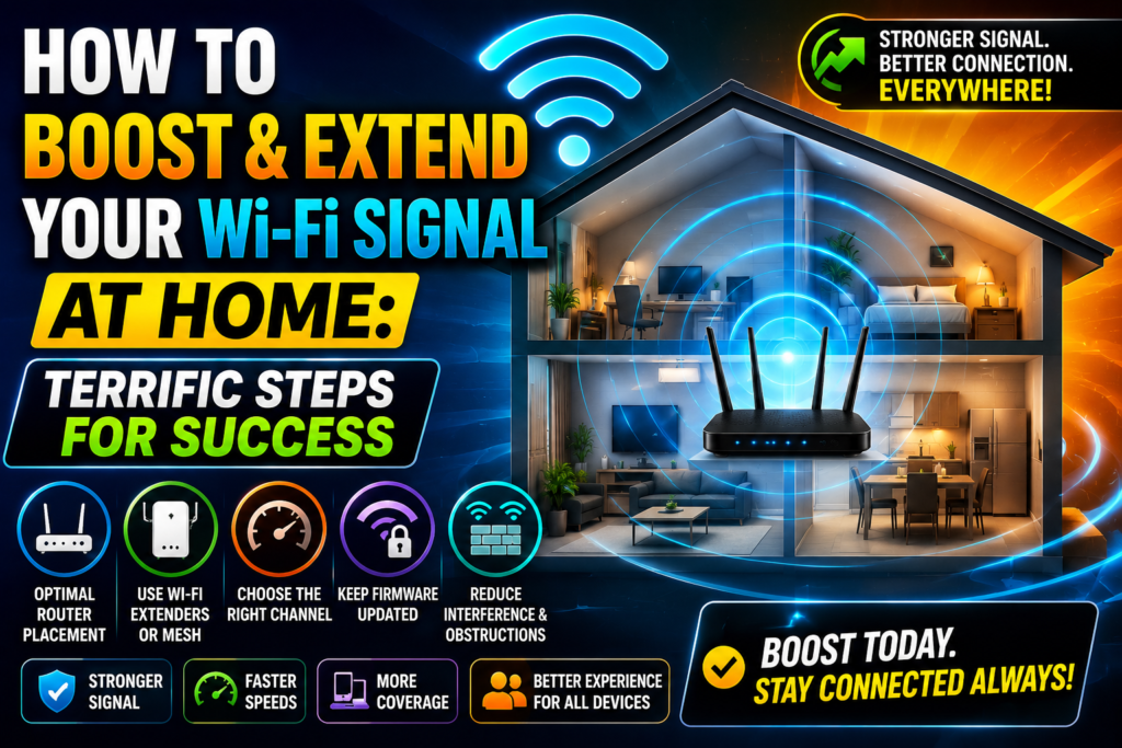 how to boost wi-fi signal infographic showing a wireless router broadcasting stronger coverage throughout a home, with Wi-Fi extenders, mesh networking, optimal router placement, reduced interference, and improved signal strength on a vibrant blue and orange technology background.