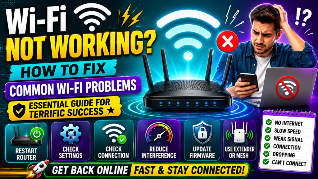 how to fix wi-fi problems troubleshooting infographic featuring a wireless router, warning icons, connection error symbols, and step-by-step solutions such as restarting the router, checking settings, updating firmware, reducing interference, and improving signal strength, displayed on a vibrant purple and green technology background.