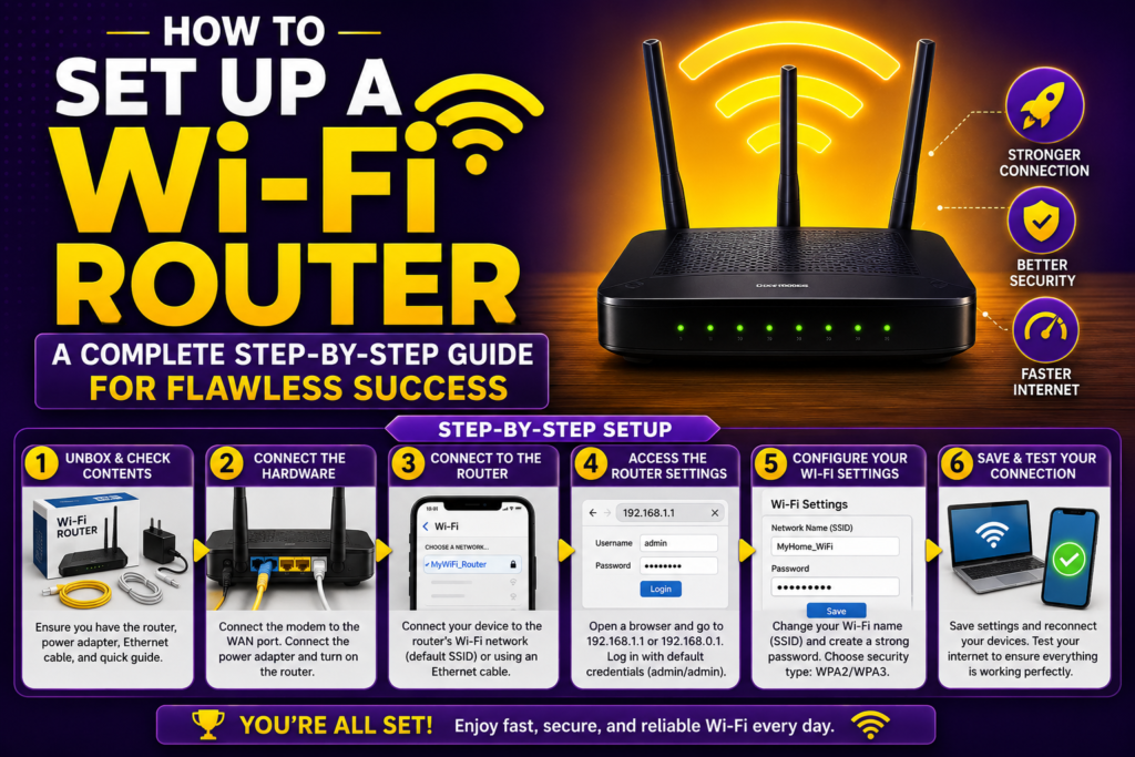 how to set up a wi-fi router step-by-step infographic showing a wireless router installation process, including connecting cables, accessing router settings, configuring Wi-Fi security, and testing the connection, with a vibrant purple and gold technology background.