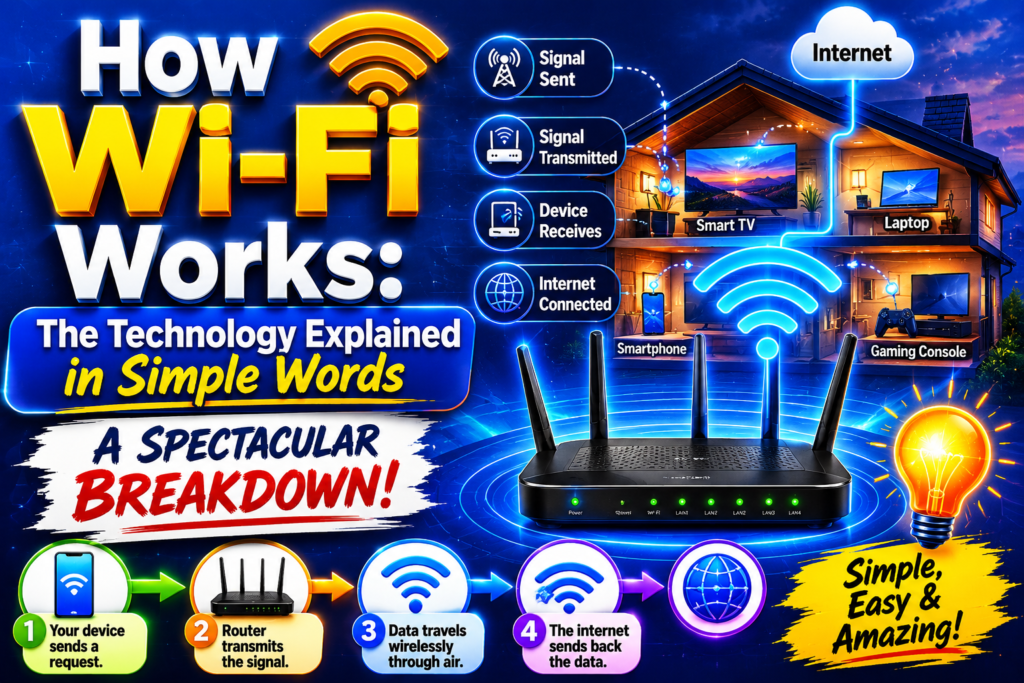 how wi-fi works illustration showing a wireless router transmitting radio signals to smartphones, laptops, and smart devices, with glowing network waves and a modern two-color technology background explaining how wi-fi works in a simple and visual way.