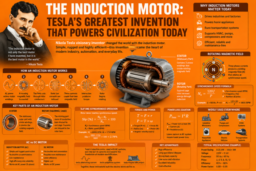 induction motor illustration on an orange background featuring Nikola Tesla, rotating magnetic field concepts, AC induction motor components, squirrel cage rotor design, electromagnetic induction, and industrial motor applications powering modern civilization.