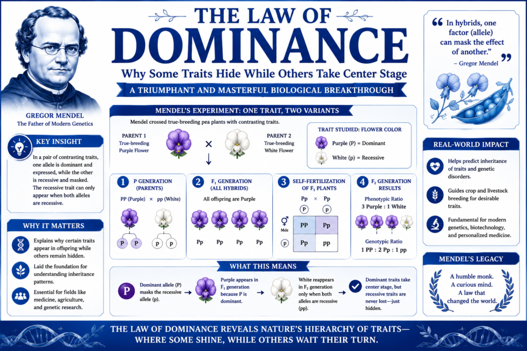 The Law of Dominance: Why Some Traits Hide While Others Take Center Stage: A Triumphant and Masterful Biological Breakthrough Law of dominance illustration showing Gregor Mendel’s pea plant experiments, demonstrating how dominant traits are expressed while recessive traits remain hidden in offspring, forming the foundation of classical genetics.
