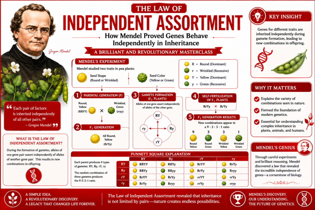 Law of independent assortment illustration showing Gregor Mendel’s dihybrid pea plant experiments, demonstrating how different gene pairs assort independently during gamete formation to create diverse inheritance patterns in offspring.t
