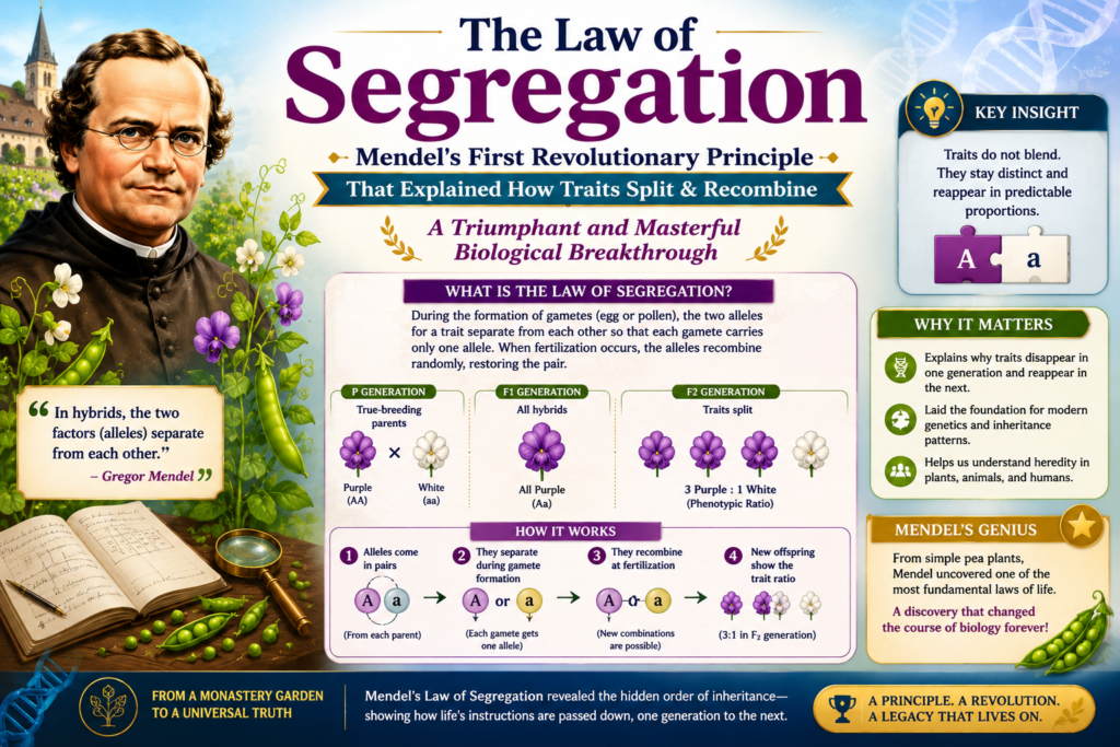 The Law of Segregation: Mendel's First Revolutionary Principle That Explained How Traits Split & Recombine: A Triumphant and Masterful Biological Breakthrough Law of segregation diagram illustrating Gregor Mendel’s principle that paired alleles separate during gamete formation and recombine during fertilization, shown with colorful pea plant genetics and inheritance patterns.