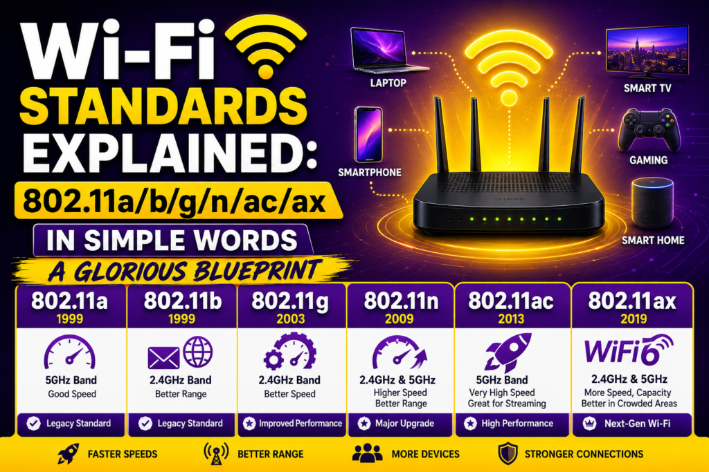 local wireless standards infographic featuring the evolution of Wi-Fi standards 802.11a, 802.11b, 802.11g, 802.11n, 802.11ac, and 802.11ax, with a modern wireless router, connected devices, and a vibrant purple and gold technology background explaining local wireless standards in a simple visual format.