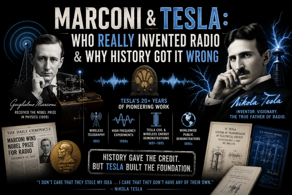 Marconi and Tesla radio invention is illustrated in a dramatic black-background design featuring portraits of Guglielmo Marconi and Nikola Tesla facing each other across vintage radio technology. Glowing blue electrical waves, transmission towers, and Tesla coils symbolize the early development of wireless communication. Historical patents, scientific equipment, and radio signals highlight the debate over who truly invented radio. The image explores the controversy surrounding the Marconi and Tesla radio invention and the contributions each inventor made to wireless technology. This striking visual captures one of the most important disputes in the history of modern communication.