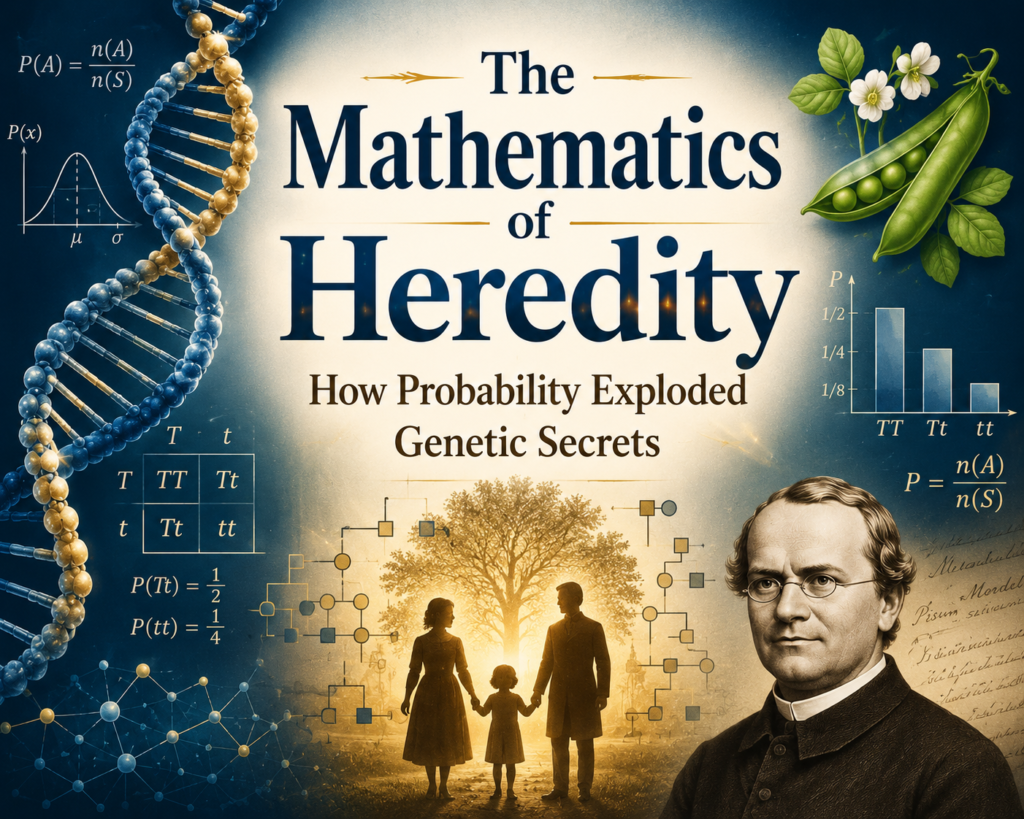 The Mathematics of Heredity: How Probability Exploded Genetic Secrets Mathematics of heredity illustration featuring Gregor Mendel, DNA helix, pea plants, Punnett squares, probability equations, and a family tree, showing how mathematical principles reveal genetic inheritance patterns.