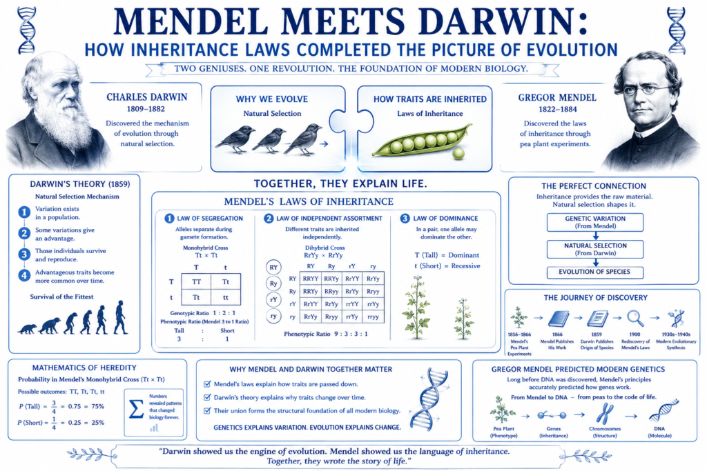Mendel Meets Darwin: How Inheritance Laws Completed the Picture of Evolution Inspiring Breakthrough Illustration showing Charles Darwin and Gregor Mendel together explaining evolution and inheritance, highlighting how mendel and darwin combined natural selection and genetics to form the foundation of modern evolutionary biology.