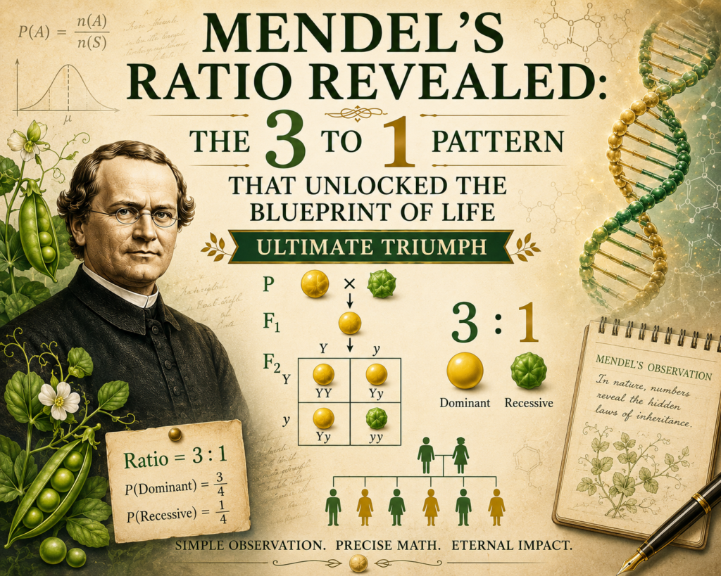 Mendel's Ratio Revealed: The 3 to 1 Pattern That Unlocked the Blueprint of Life Mendel's ratio infographic showing Gregor Mendel, pea plants, a Punnett square, DNA strand, and the classic 3:1 dominant to recessive trait ratio, illustrating the mathematical pattern behind genetic inheritance.