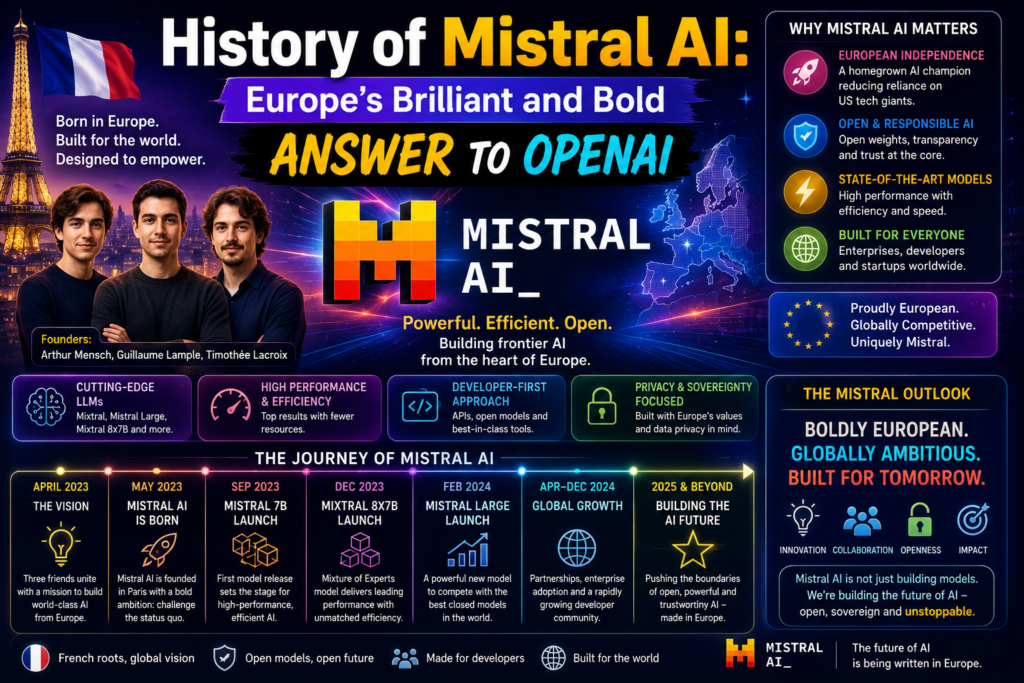 mistral ai history illustrated with a colorful futuristic AI design featuring Mistral AI's rise in Europe, advanced open-source language models, artificial intelligence innovation, developer-focused technology, and Europe's bold challenge to OpenAI in the global AI industry.