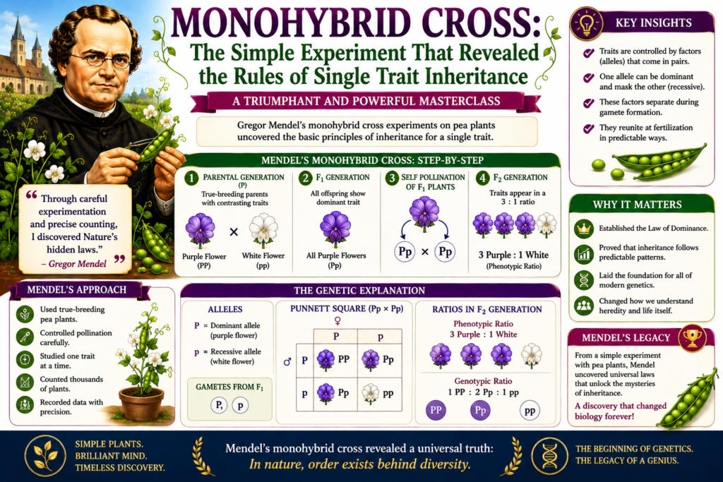 Monohybrid Cross: The Simple Experiment That Revealed the Rules of Single Trait Inheritance: A Triumphant and Powerful Masterclass Monohybrid cross diagram showing Gregor Mendel’s single-trait pea plant experiment, illustrating dominant and recessive alleles, Punnett squares, and the classic 3:1 inheritance ratio in offspring.
