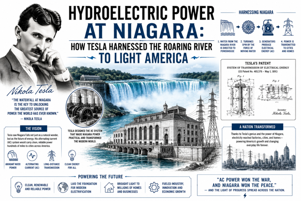 Hydroelectric Power at Niagara: How Tesla Harnessed the Roaring River to Light America Niagara Falls hydroelectric power is showcased in a detailed white-background illustration featuring Nikola Tesla, the majestic Niagara Falls, and the historic power station that transformed electricity generation. Flowing water, turbines, generators, and transmission lines demonstrate how the river’s energy was converted into usable electrical power. Tesla’s portrait and engineering patents highlight his crucial role in developing the AC system that made long-distance power transmission possible. The image explains the process behind Niagara Falls hydroelectric power and its impact on electrifying cities across America. This educational visual celebrates one of the most important achievements in the history of renewable energy and modern infrastructure.