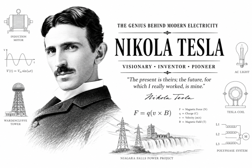 Who Was Nikola Tesla? The Eccentric Genius Who Electrified the World & Predicted the Future nikola tesla biography illustration featuring Nikola Tesla portrait, alternating current innovations, Tesla coil, Wardenclyffe Tower, Niagara Falls power project, and key electrical engineering concepts on a clean white background.