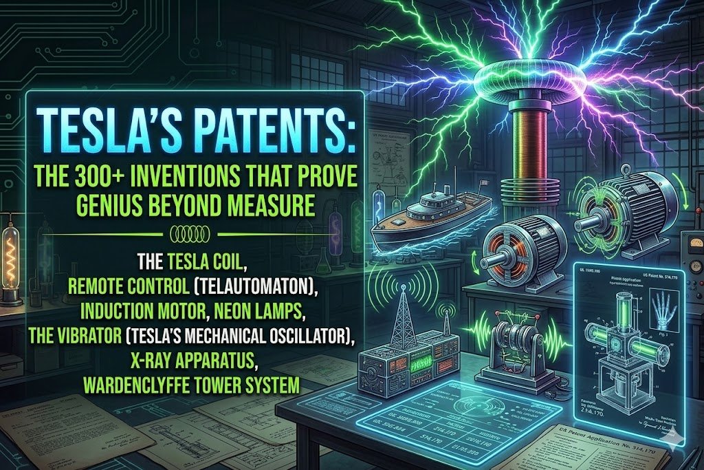 Tesla's Patents: The 300+ Inventions That Prove Genius Beyond Measure A futuristic digital illustration titled "TESLA'S PATENTS," showcasing a laboratory filled with glowing inventions and technical drawings. The center features a large Tesla coil with vibrant electrical arcs. Surrounding it are models of his patented technologies, including a remote-control boat, an induction motor, a radio tower, and an X-ray device, illustrating his groundbreaking contributions to science and engineering.