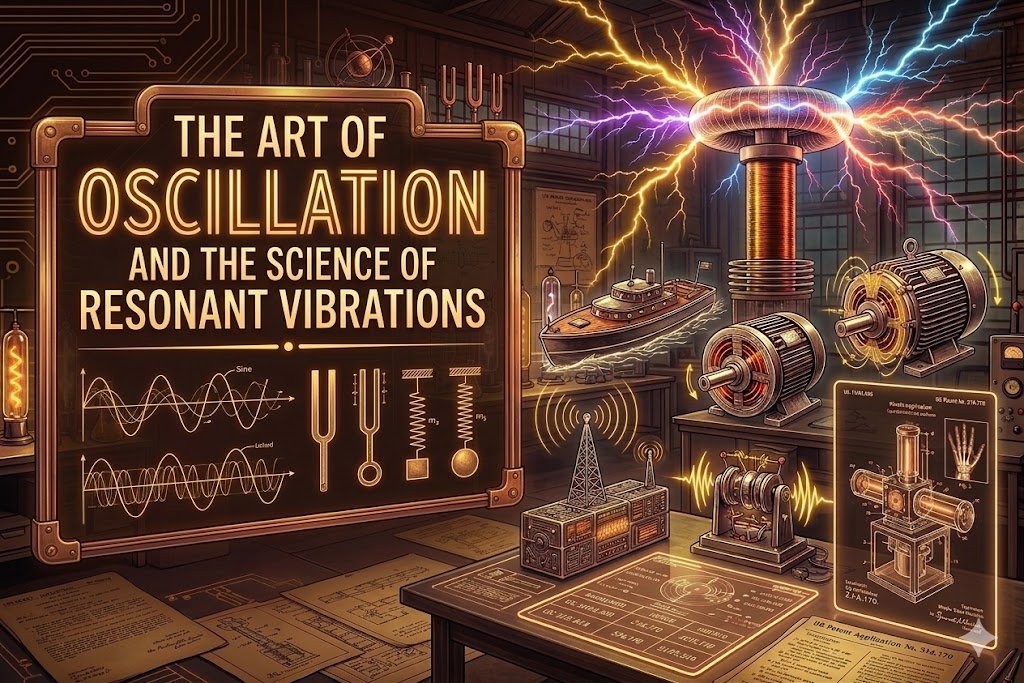 A detailed, illustrative infographic poster, set in a steampunk-style inventor's workshop, titled on a prominent brass-and-copper sign as "THE ART OF OSCILLATION AND THE SCIENCE OF RESONANT VIBRATIONS." The workshop is filled with mechanical and electrical devices. On the left sign, clear diagrams of mechanical and electrical sine wave patterns are shown, alongside a set of tuning forks, and three simple spring-mass oscillators (a mass on a spring, a mass-less spring, and a mass on a rod) which glow with golden light. Above these diagrams, the sign title and other text and diagrams also glow with a warm, golden-amber light. On the right side, a massive, elaborate Tesla Coil-like machine, built from complex copper coils and large brass toroids, discharges powerful, swirling, multi-colored plasma arcs in gold, purple, and electric blue, filling the upper-right corner. All devices from the workshop of image_9.png are present: the model ship (Telautomaton), the two different induction motors, the early radio unit with its tower, and the specialized vibrational-device model. A detailed model of the spring-mass oscillator is also included. The transparent holographic display on the table is present, but its projected diagrams are focused on wave interference patterns and mechanical stress lines in vibrating materials, not anatomical details. The 'Us Patent Application' plaque is still present below the display. The background shelves hold charts of acoustic frequencies, musical notes, and planetary resonance diagrams. The floor is scattered with aged technical blueprints, schematics of resonant circuits, and specific diagrams for mechanical oscillation. The whole workshop is bathed in a warm, diffused glow of amber lights, golden-glowing text, and multi-colored electric discharges. The original text from image_9.png is not present, replaced by the specific new title and scientific details.Alt Text: A detailed illustrative infographic poster in a steampunk workshop, titled 'THE ART OF OSCILLATION AND THE SCIENCE OF RESONANT VIBRATIONS,' which explains mechanical and electrical wave principles using various inventions and diagrams.