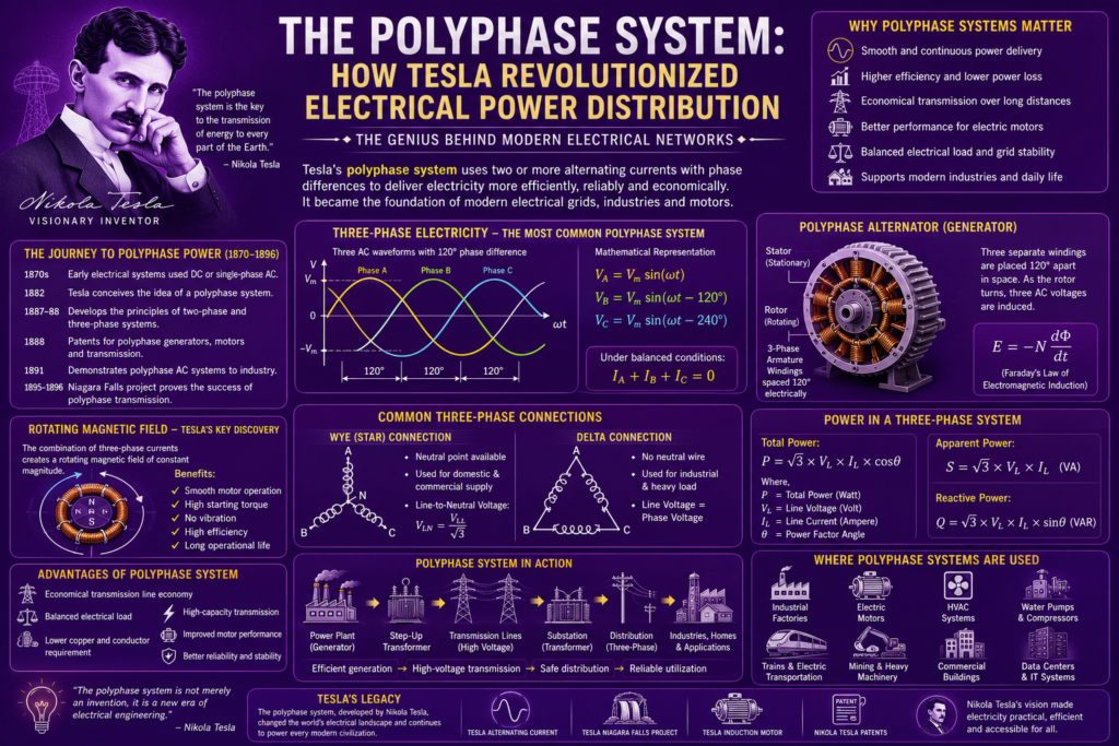 polyphase system infographic on a purple background featuring Nikola Tesla, three-phase electricity waveforms, rotating magnetic field principles, polyphase alternators, transmission systems, transformer connections, and modern electrical grid distribution.