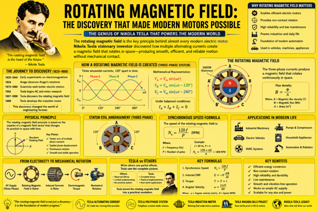 rotating magnetic field infographic on a yellow background featuring Nikola Tesla, three-phase AC waveforms, stator coil arrangements, electromagnetic rotation principles, synchronous speed formula, induction motor operation, and modern industrial applications.