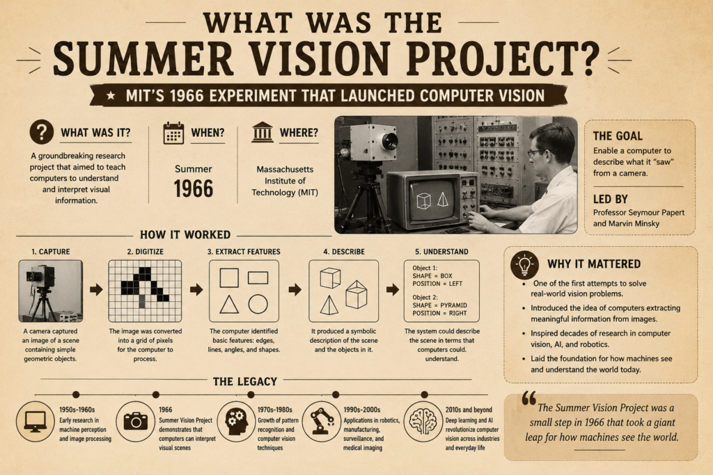 Summer Vision Project infographic on a light brown background illustrating MIT’s groundbreaking 1966 computer vision experiment, featuring early cameras, vintage computers, geometric shape recognition, image processing concepts, and the foundational research that helped launch the field of computer vision and artificial intelligence.