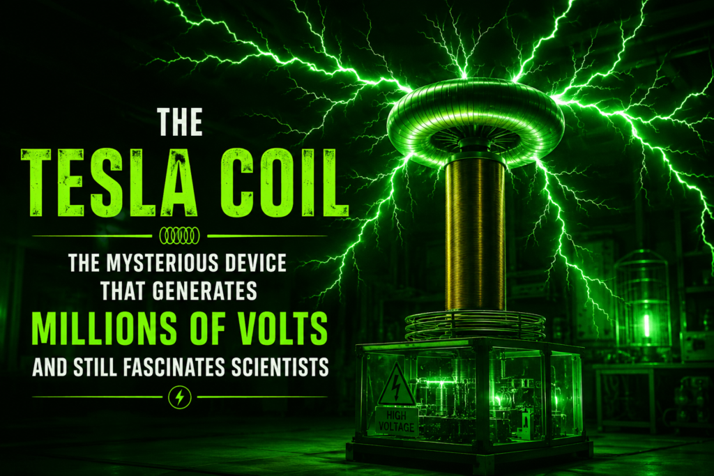 Tesla coil generating millions of volts through bright green electrical arcs and plasma streamers in a dark laboratory, demonstrating high voltage physics and wireless energy experiments.