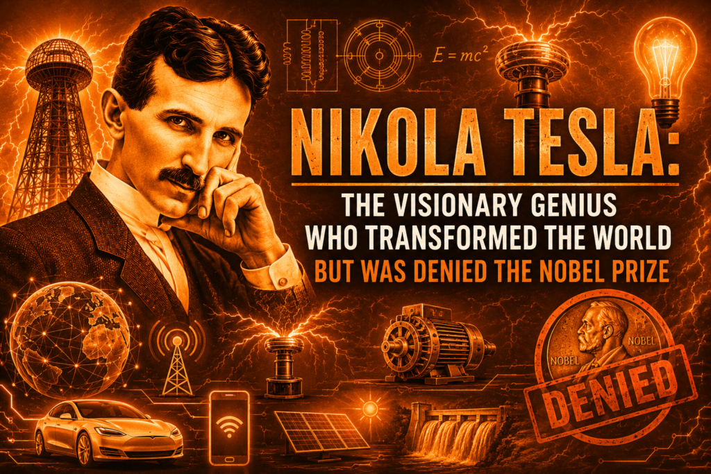 Nikola Tesla: The Visionary Genius Who Transformed the World But Was Denied the Nobel Prize Tesla denied nobel prize themed illustration in vivid orange tones featuring Nikola Tesla surrounded by lightning, electrical inventions, wireless technology symbols, AC power systems, and a Nobel Prize medal symbolizing the controversy over his lack of Nobel Prize recognition despite his groundbreaking contributions to modern science and engineering.
