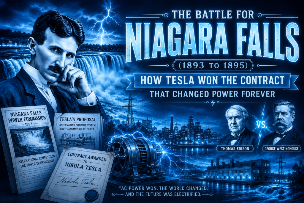 The Battle for Niagara Falls (1893 to 1895): How Tesla Won the Contract That Changed Power Forever The Battle for Niagara Falls is depicted in a dramatic light-blue historical illustration featuring Nikola Tesla, the powerful Niagara Falls, and the revolutionary AC power system. Lightning-filled skies and electrical machinery symbolize the fierce competition to control the future of electricity. Historical documents, power generators, and transmission towers highlight Tesla’s successful bid to harness Niagara’s energy. The image captures the significance of The Battle for Niagara Falls and its role in transforming global power distribution. This striking scene celebrates the victory that helped establish modern electrical infrastructure and changed the world forever.