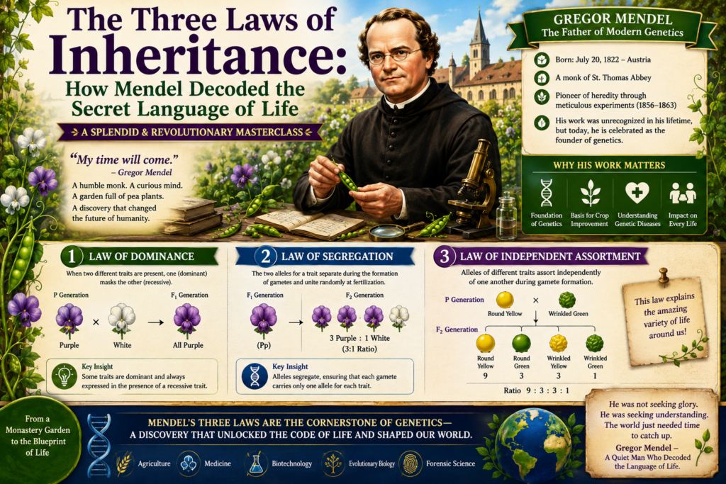 The Three Laws of Inheritance: How Mendel Decoded the Secret Language of Life: A Splendid and Revolutionary Masterclass Three laws of inheritance infographic showing Gregor Mendel’s Law of Dominance, Law of Segregation, and Law of Independent Assortment with pea plant experiments, genetic traits, and colorful educational illustrations.