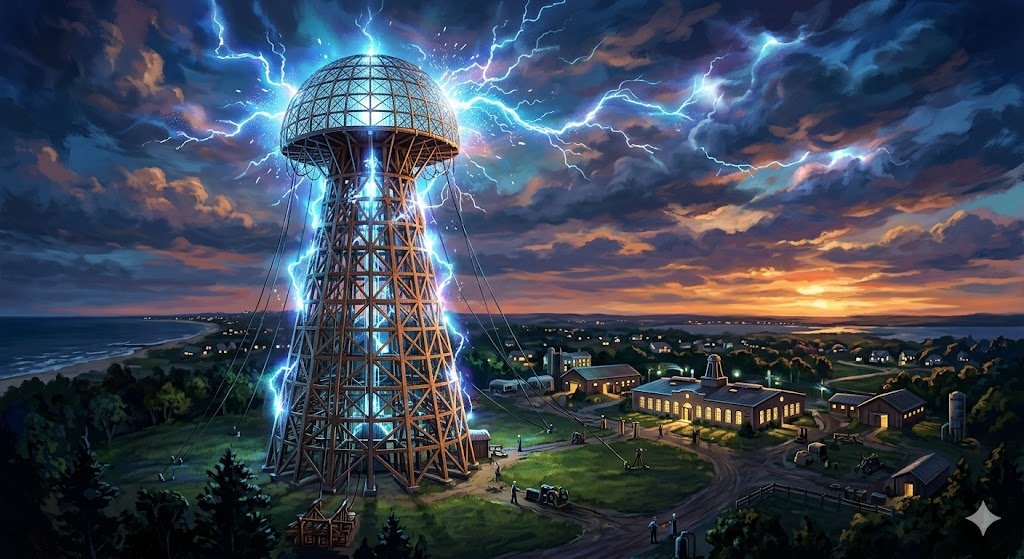 The Wardenclyffe Tower: Tesla's Ambitious Dream of Wireless Electricity That Never Came to Be A colorful digital painting of Nikola Tesla's Wardenclyffe Tower standing on a grassy hill overlooking a coastal village at sunset, with brilliant blue and white bolts of wireless electricity and lightning surging from its dome into a dramatic, cloudy sky.