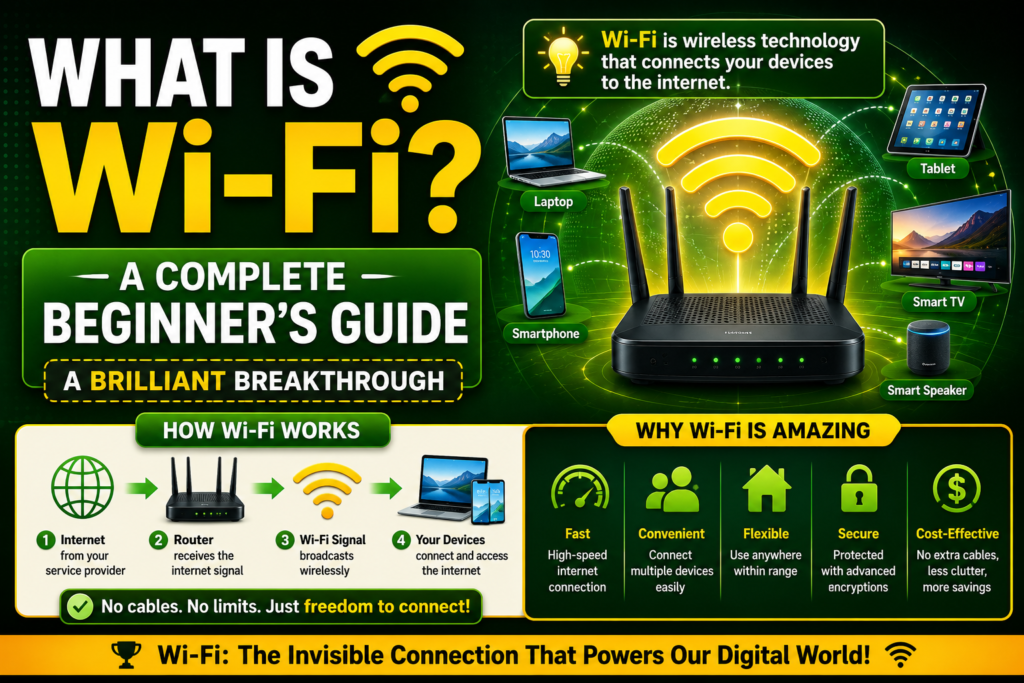 what is wi-fi explained illustration featuring a modern wireless router, glowing Wi-Fi signal waves, connected smartphones, laptops, and smart devices on a vibrant two-color technology background, visually explaining what Wi-Fi is and how it enables wireless internet communication.