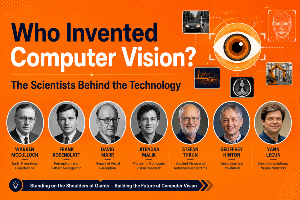 Who Invented Computer Vision infographic on an orange background featuring the scientists behind computer vision technology, with portraits of pioneering researchers, an eye-shaped digital vision graphic, facial recognition, autonomous vehicles, medical imaging, robotics, and AI-powered computer vision concepts in a wide banner layout.
