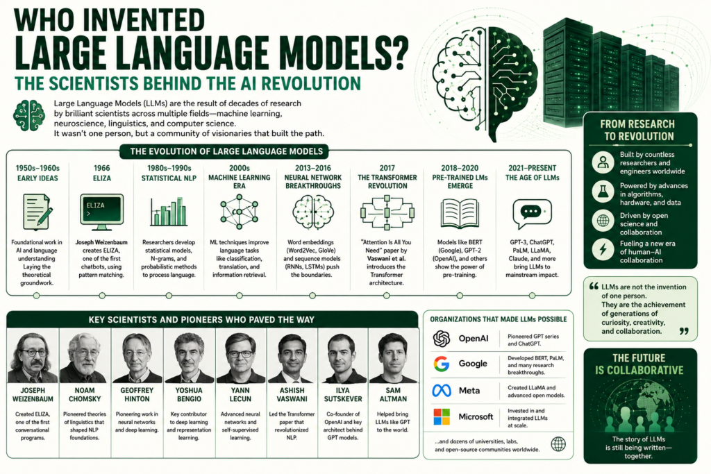 who invented large language models infographic highlighting the pioneers behind large language models, featuring early AI researchers, neural network scientists, transformer architecture innovators, and modern AI leaders, alongside a timeline of breakthroughs from ELIZA to GPT-era systems, set against a futuristic technology background with digital brains, neural networks, and data centers.