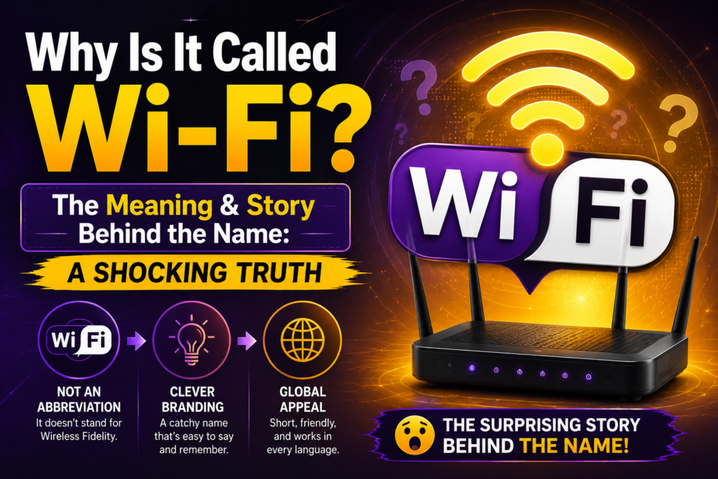 why is it called wi-fi concept image featuring a wireless router, glowing Wi-Fi symbol, question marks, branding icons, and a vibrant purple and gold technology background illustrating the meaning and origin of the Wi-Fi name.