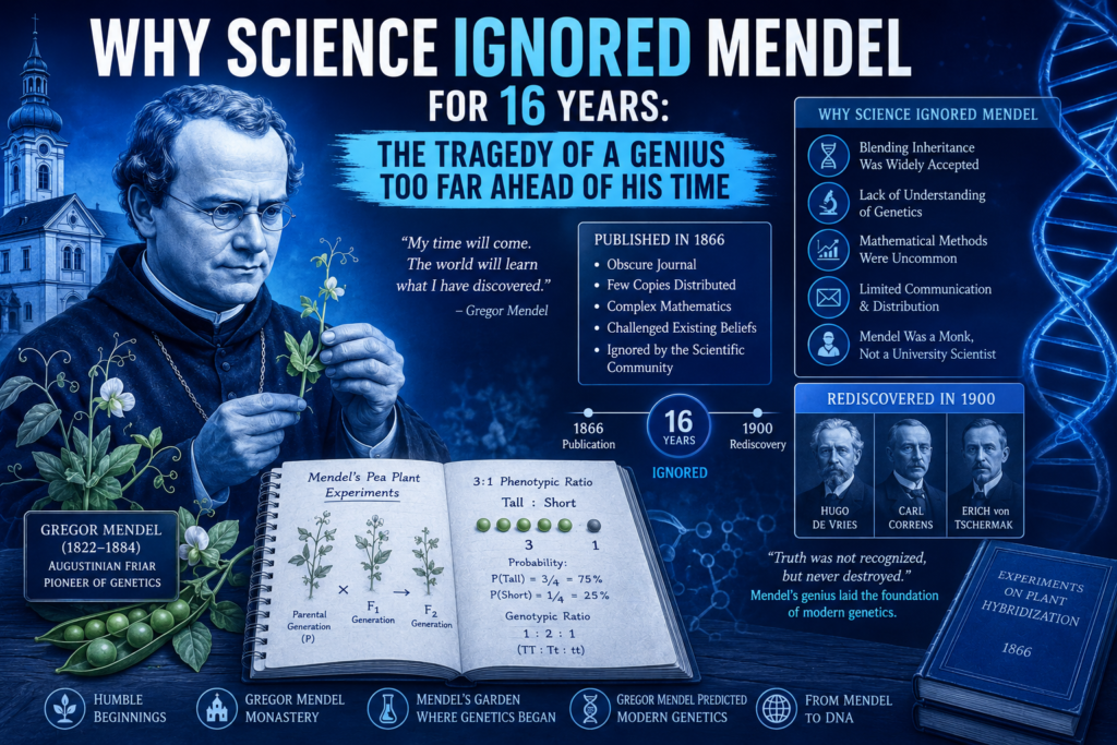 Illustration showing Gregor Mendel, pea plant experiments, DNA imagery, and scientific rejection, highlighting why science ignored mendel despite his groundbreaking discoveries that later became the foundation of modern genetics.